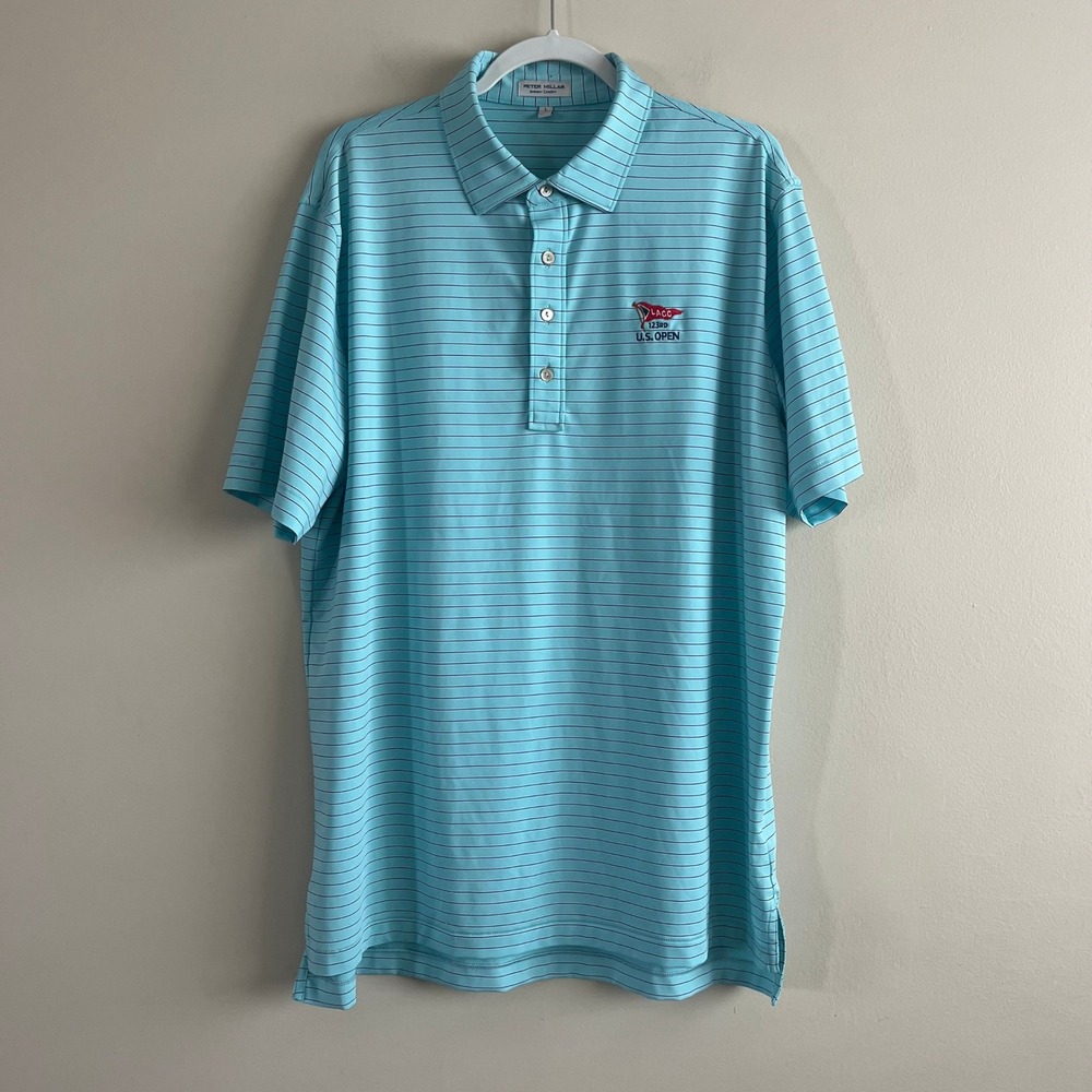 Peter Millar Summer Comfort Polo 123rd US Open LACC Aqua Blue Stripe Golf L